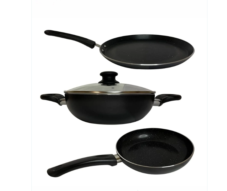 USHA SHRIRAM Non-Stick Set Tawa + Kadai + Frying Pan with Lid 1pc Multipurpose Black