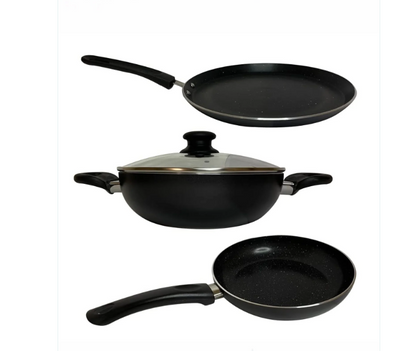 USHA SHRIRAM Non-Stick Set Tawa + Kadai + Frying Pan with Lid 1pc Multipurpose Black