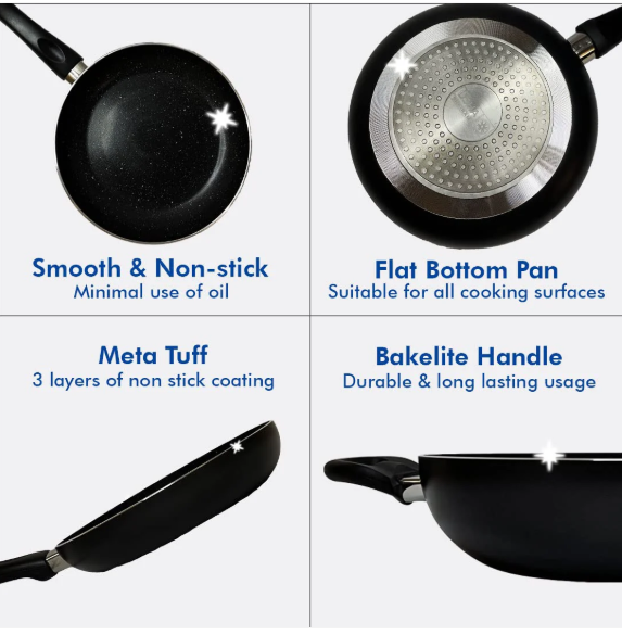USHA SHRIRAM Non-Stick Set Tawa + Kadai + Frying Pan with Lid 1pc Multipurpose Black