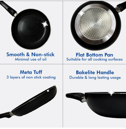 USHA SHRIRAM Non-Stick Set Tawa + Kadai + Frying Pan with Lid 1pc Multipurpose Black
