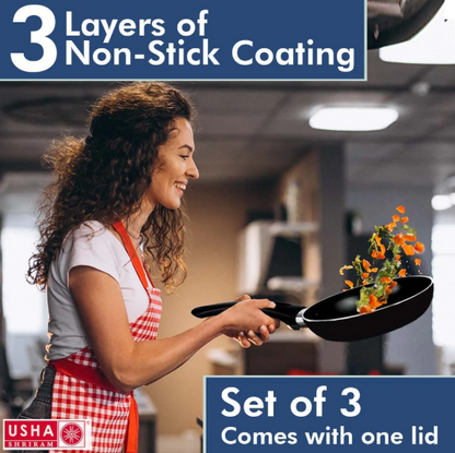 USHA SHRIRAM Non-Stick Set Tawa + Kadai + Frying Pan with Lid 1pc Multipurpose Black