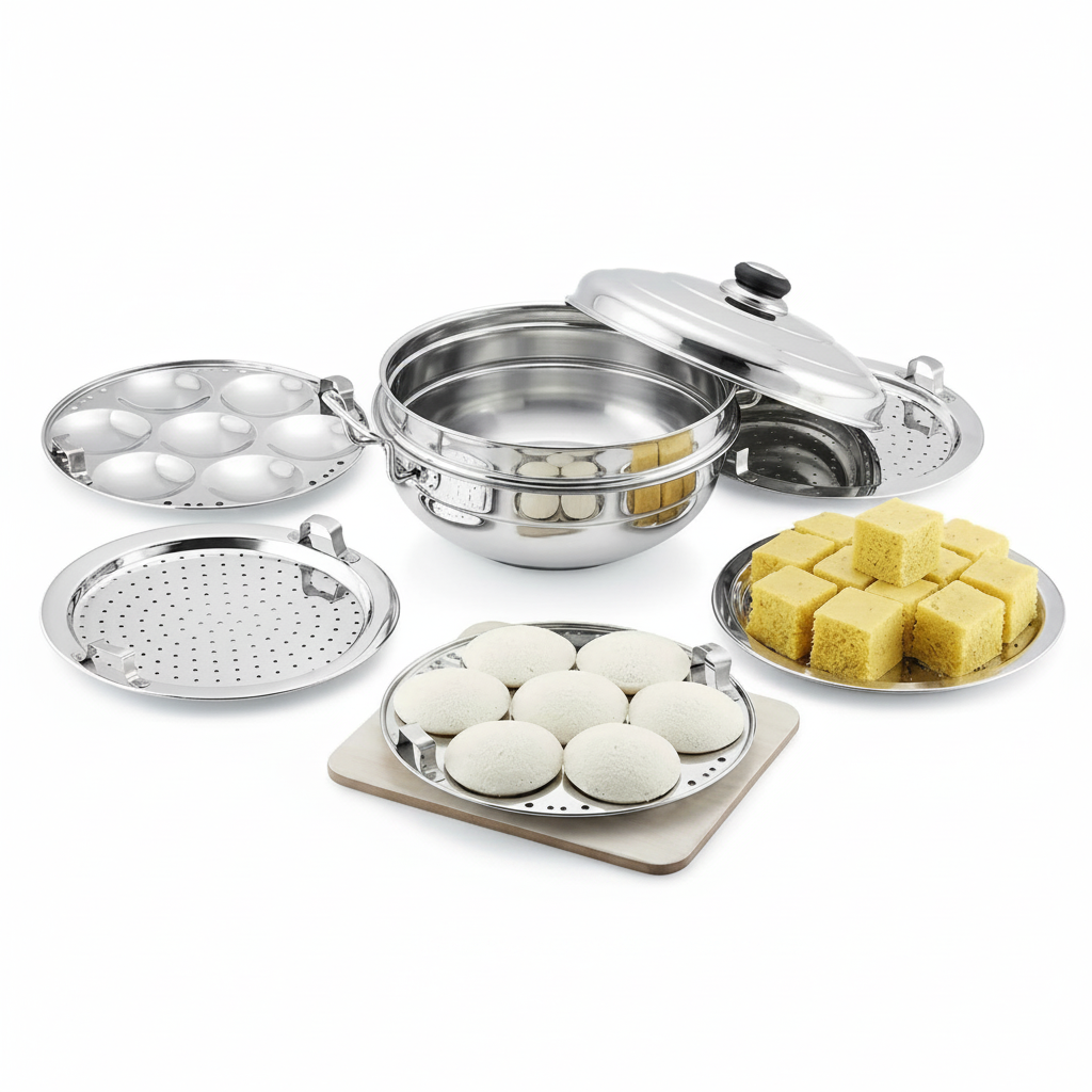 WayMore Triply Multi Kadai Steamer with Induction & GasTop Compatible 5 Plate 2 Idli | 2 Dhokla | 1 Patra | Momo's | 28.5 cm