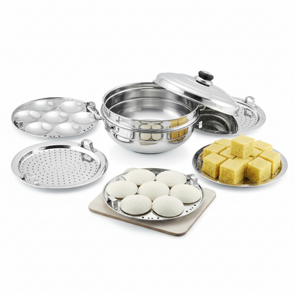 WayMore Triply Multi Kadai Steamer with Induction & GasTop Compatible 5 Plate 2 Idli | 2 Dhokla | 1 Patra | Momo's | 28.5 cm