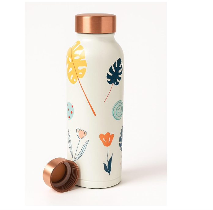 KC Pure Copper Designer Water Bottle with Leaf Print Design - 1000ml