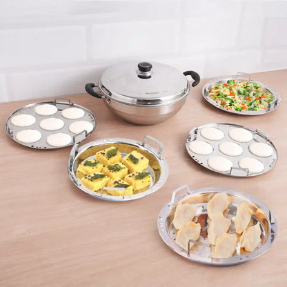 Esspy Stainless Steel Idli Maker/Momo Maker/Multi Kadai/Steamer Set|Large, 5 Plates, 2 Idli|2 Dhokla|1 Steamer|29Cm/11.3 Inch, 4.2Ltr, 2.5Kg|3-Layer Thick Bottom|Induction Friendly
