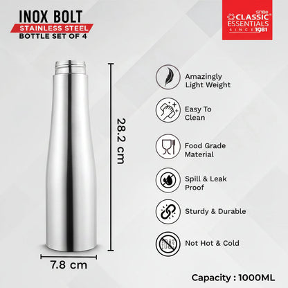 Classic Essentials Stainless Steel Inox Carbo Bolt Matt Finish Water Bottle 1000ml (Pack of 4)