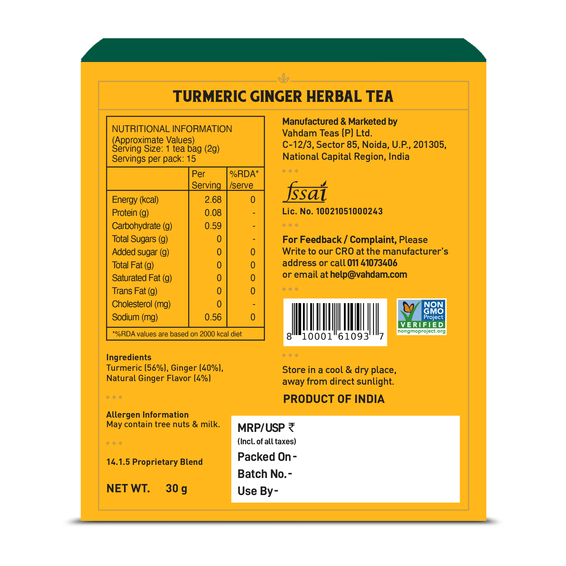 Turmeric Ginger Herbal Tea Tisane, 15 Count