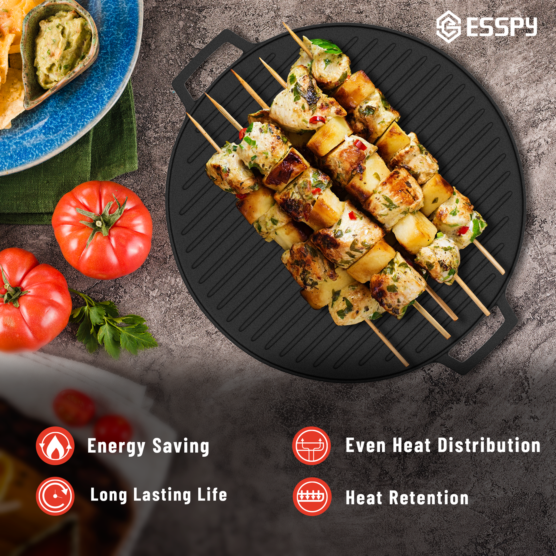 Esspy Pre-Seasoned Cast Iron 2 in 1 Grill and Griddle Pan & Dosa Tawa With Silicon Handle | Iron Cookware for Kitchen | Roti Tawa | Cast Iron Grill Pan | Iron Tava Big Size