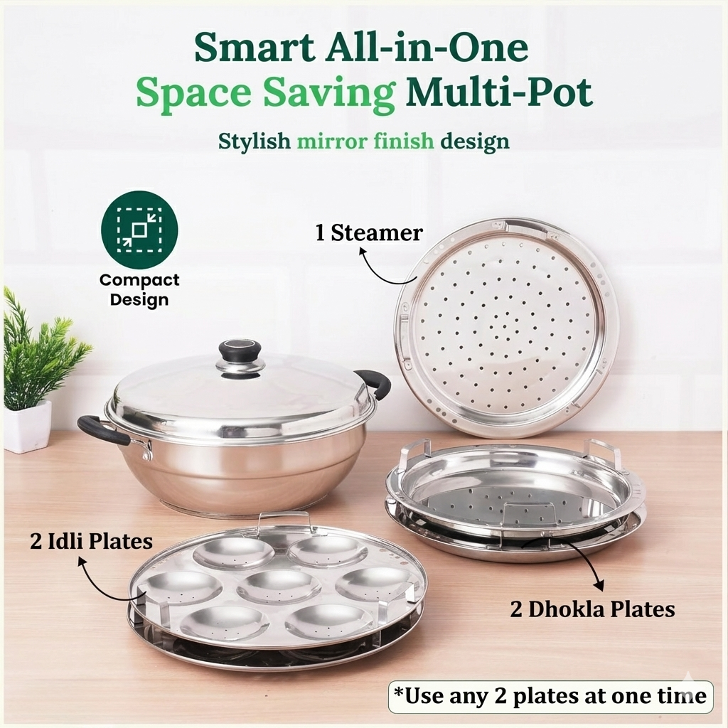 Esspy Stainless Steel Idli Maker/Momo Maker/Multi Kadai/Steamer Set|Large, 5 Plates, 2 Idli|2 Dhokla|1 Steamer|29Cm/11.3 Inch, 4.2Ltr, 2.5Kg|3-Layer Thick Bottom|Induction Friendly