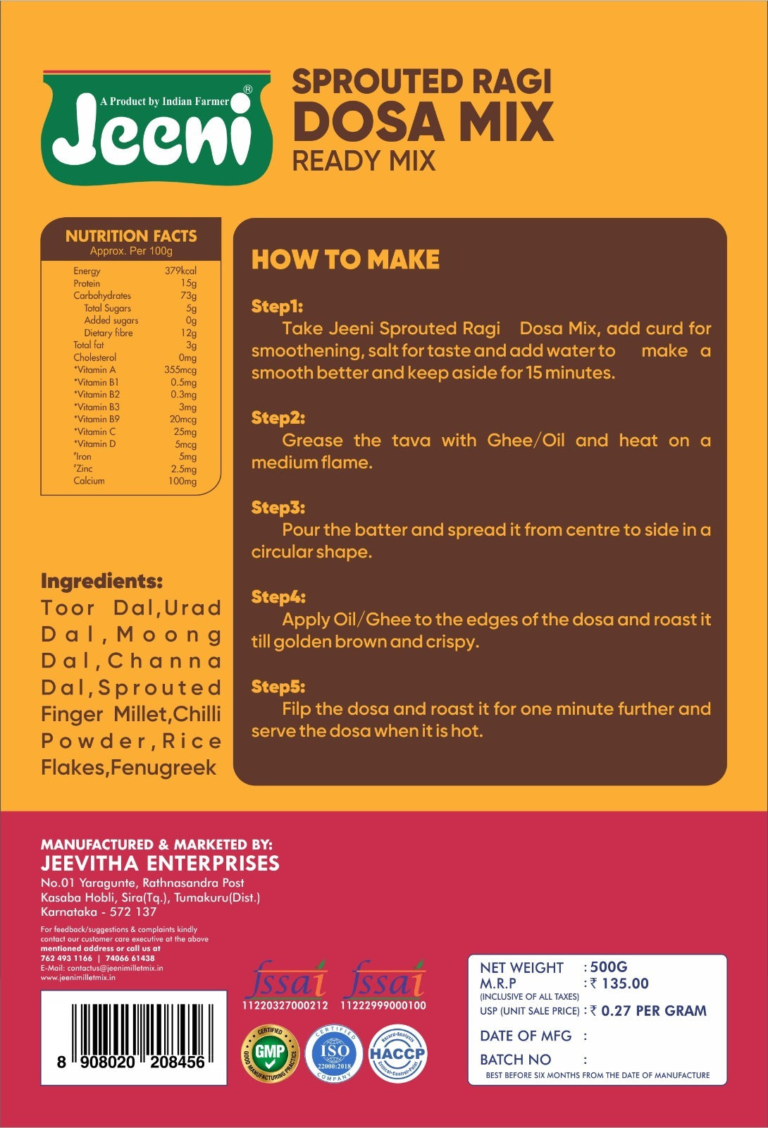 Jeeni Sprouted Ragi Dosa mix - 500 gms