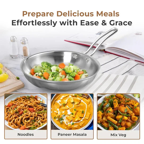Esspy Tri-ply Stainless Steel Frying Pan With S.s Lid | Omelets Pan Non Stick | Gas & Induction Compatible | Riveted Handle | Food Safe & PFOA Free | Scratch Resistant