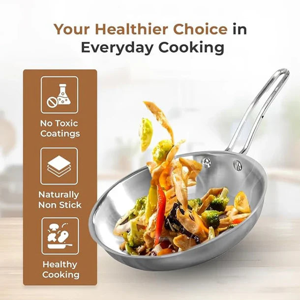 Esspy Tri-ply Stainless Steel Frying Pan With S.s Lid | Omelets Pan Non Stick | Gas & Induction Compatible | Riveted Handle | Food Safe & PFOA Free | Scratch Resistant