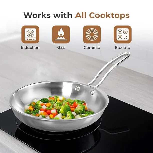 Esspy Tri-ply Stainless Steel Frying Pan With S.s Lid | Omelets Pan Non Stick | Gas & Induction Compatible | Riveted Handle | Food Safe & PFOA Free | Scratch Resistant