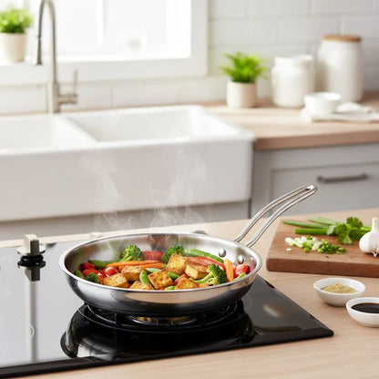 Esspy Tri-ply Stainless Steel Frying Pan | Omelets Pan Non Stick | Gas & Induction Compatible | Riveted Handle | Food Safe & PFOA Free | Scratch Resistant