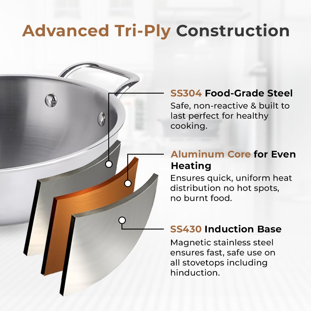 Esspy Triply Stainless Steel Kadai for Cooking, Non Stick Kadai, Triply Kadhai, Metal Spatula Friendly, Induction & Gas Stove Compatible
