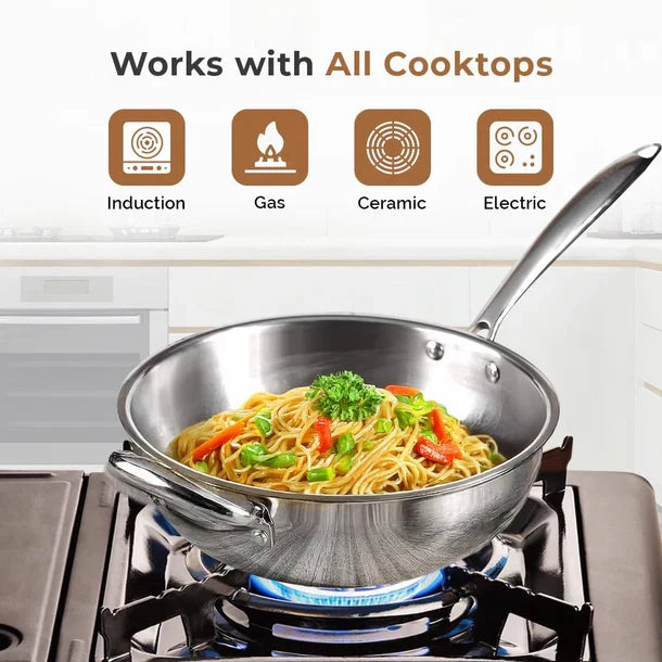 Esspy Tri-Ply Stainless Steel Wok Pan | Non-Stick Frying Wok | Induction Compatible | Scratch-Resistant | Stir-Fry Pan | Reverted Sturdy Handle | Toxin-Free