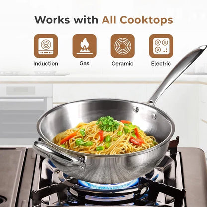Esspy Tri-Ply Stainless Steel Wok Pan | Non-Stick Frying Wok | Induction Compatible | Scratch-Resistant | Stir-Fry Pan | Reverted Sturdy Handle | Toxin-Free