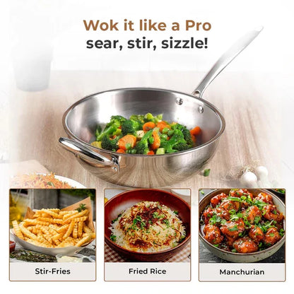 Esspy Tri-Ply Stainless Steel Wok Pan | Non-Stick Frying Wok | Induction Compatible | Scratch-Resistant | Stir-Fry Pan | Reverted Sturdy Handle | Toxin-Free