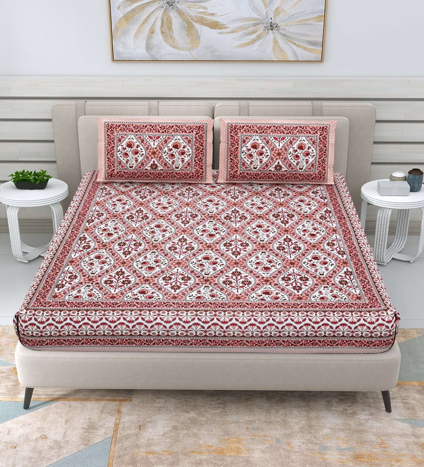 100% Pure Cotton Traditional Printed Bedsheet for Double Bed King Size Bedsheet with 2 Pillow Covers