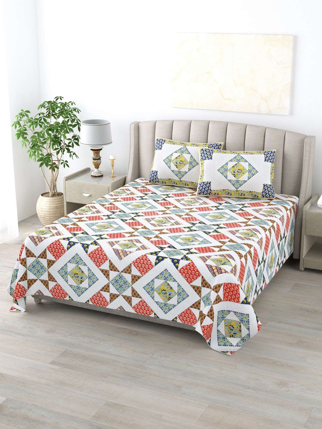 100% Pure Cotton Traditional Printed Bedsheet for Double Bed King Size Bedsheet with 2 Pillow Covers
