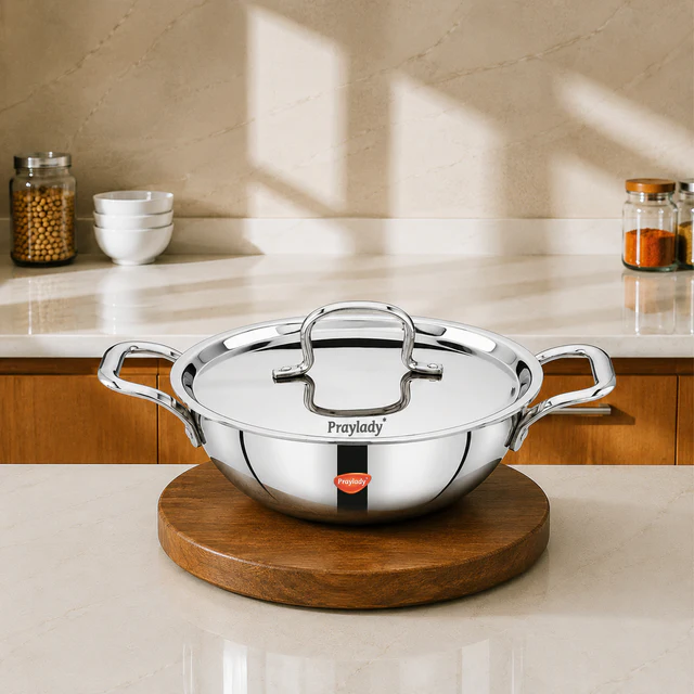 PrayLady Triplus Triply Stainless Steel Kadai with Lid