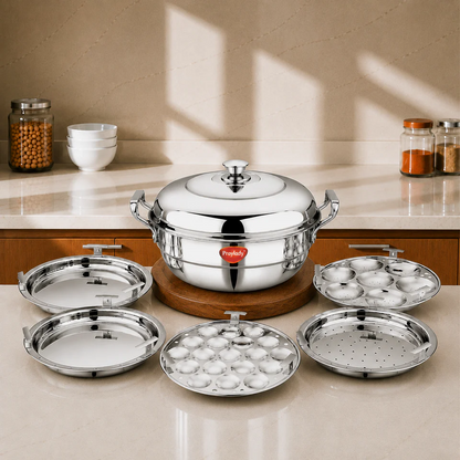 PrayLady Triplus Triply SS Multi Kadai 6 Plates (2 Idli+2 Dhokla+1 Mini Idli+1 Steamer) Induction Gas