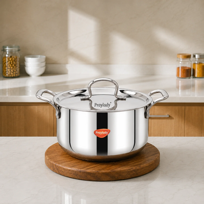 PrayLady Triplus Triply Stainless Steel Stockpot with Lid Multi-Purpose Casserole Biryani Pot Induction Gas