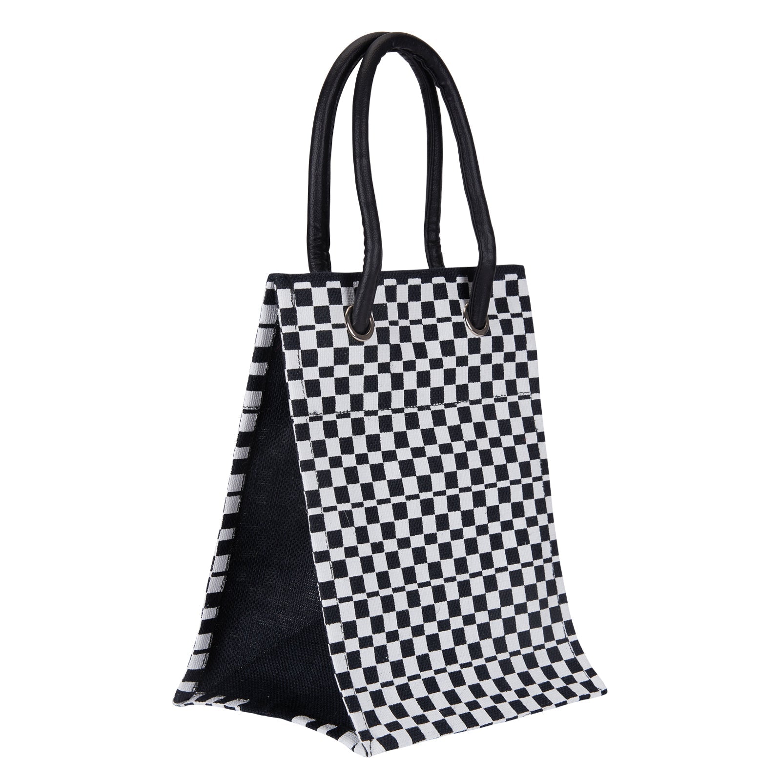 Jute Cottage Check Print Big Eyelet Lunch Bag With Bottom Board 100% Genuine Jute