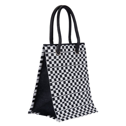 Jute Cottage Check Print Big Eyelet Lunch Bag With Bottom Board 100% Genuine Jute