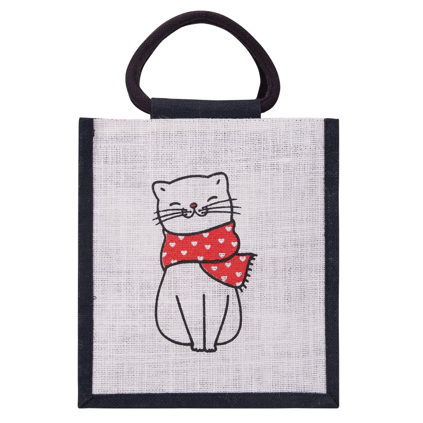 Jute Cottage Cat Print Zipper Lunch Bag 100% Genuine Jute