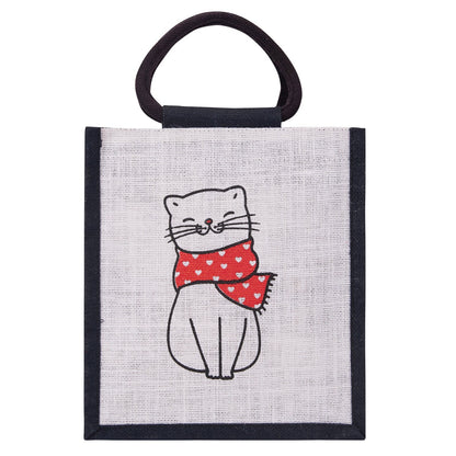 Jute Cottage Cat Print Zipper Lunch Bag 100% Genuine Jute