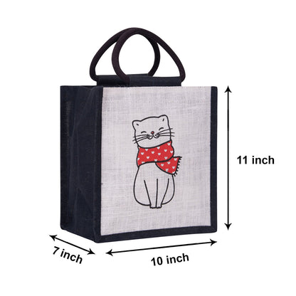 Jute Cottage Cat Print Zipper Lunch Bag 100% Genuine Jute