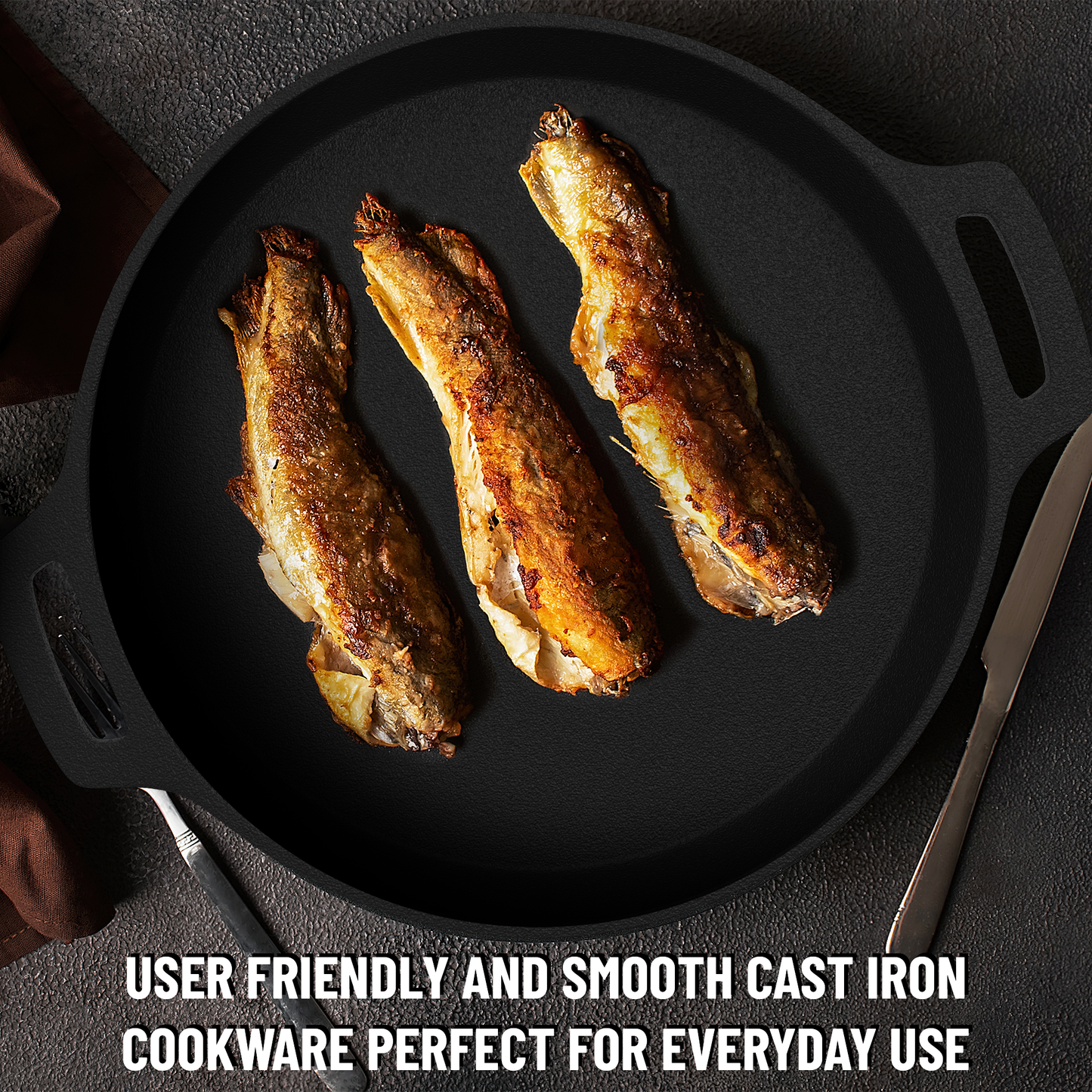 Esspy Pre-Seasoned Cast Iron Fish Fry Pan with Double Handle| Induction Friendly | Nonstick Fish Fry Pan, 100% Pure & Toxin Free, No Chemical Coating, Black
