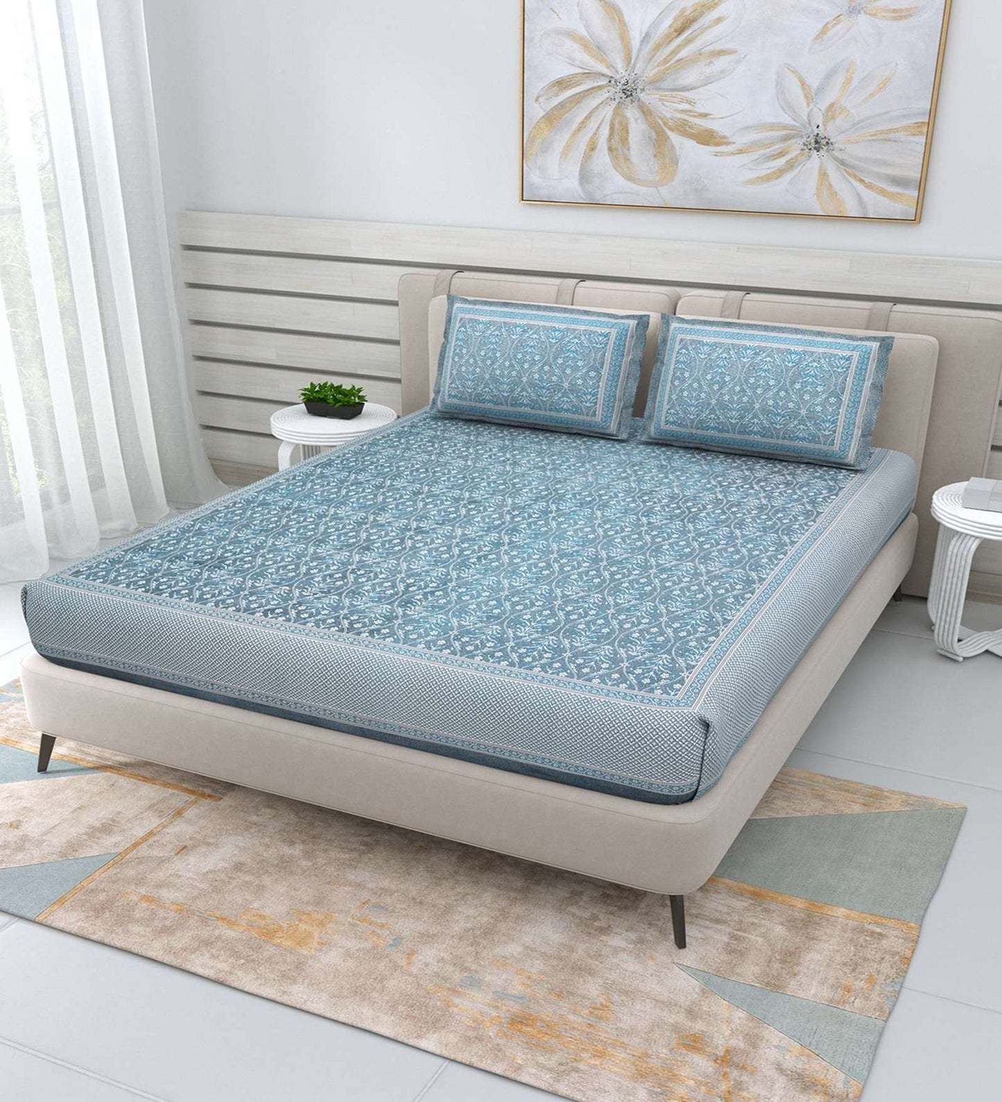 100% Pure Cotton Traditional Printed Bedsheet for Double Bed King Size Bedsheet with 2 Pillow Covers
