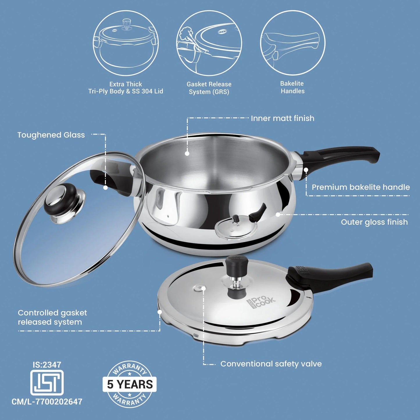 Milton ProCook Curve Triply Stainless Steel Outer Lid Pressure Cooker - 3.5L