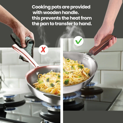 Milton ProCook Triply Stainless Steel 4 Pcs Cookware Set Wooden Handle (Sauce Pan 16cm + Fry Pan 22cm + Kadhai 24cm with Glass Lid)