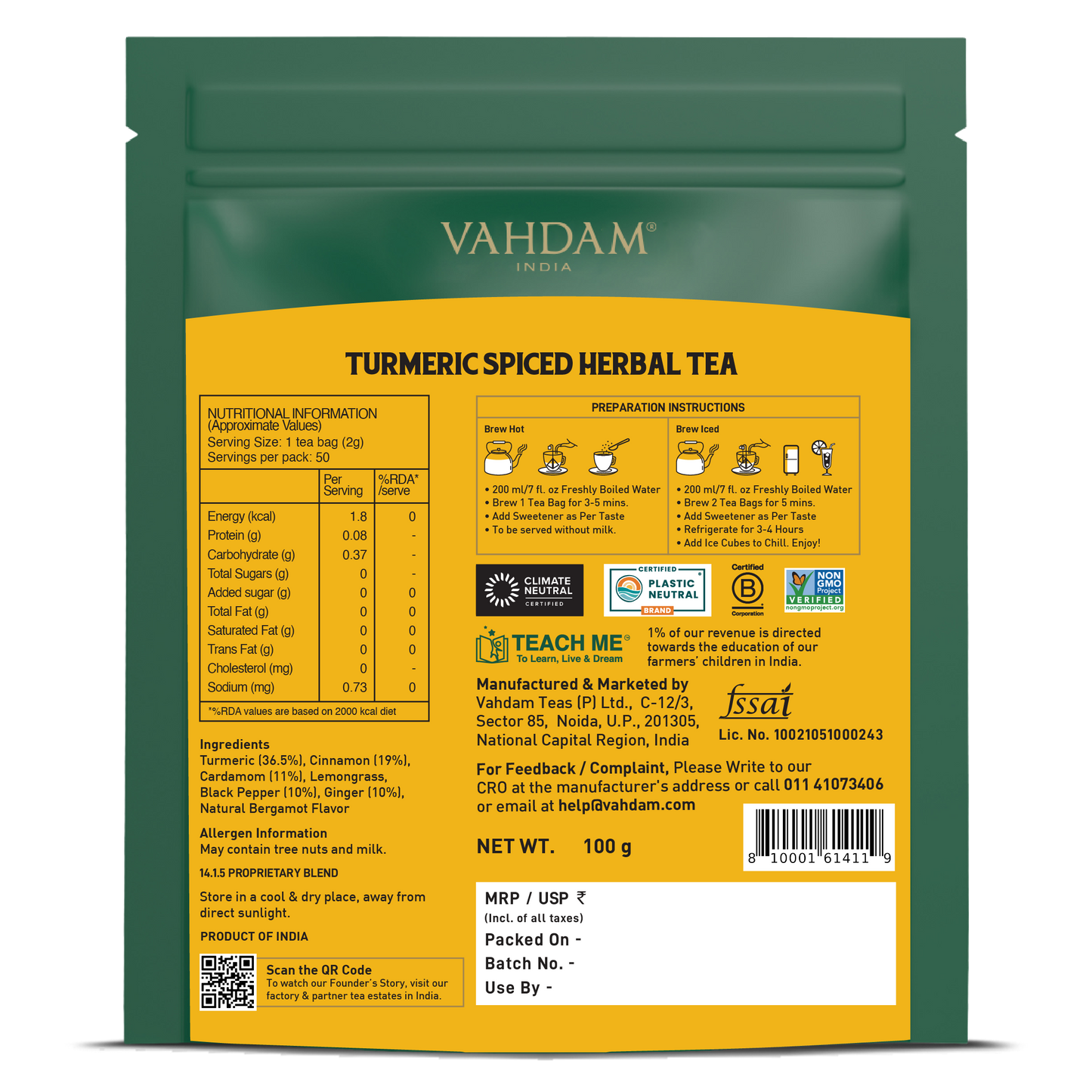 Turmeric Spiced Herbal Tea Tisane, 50 Count