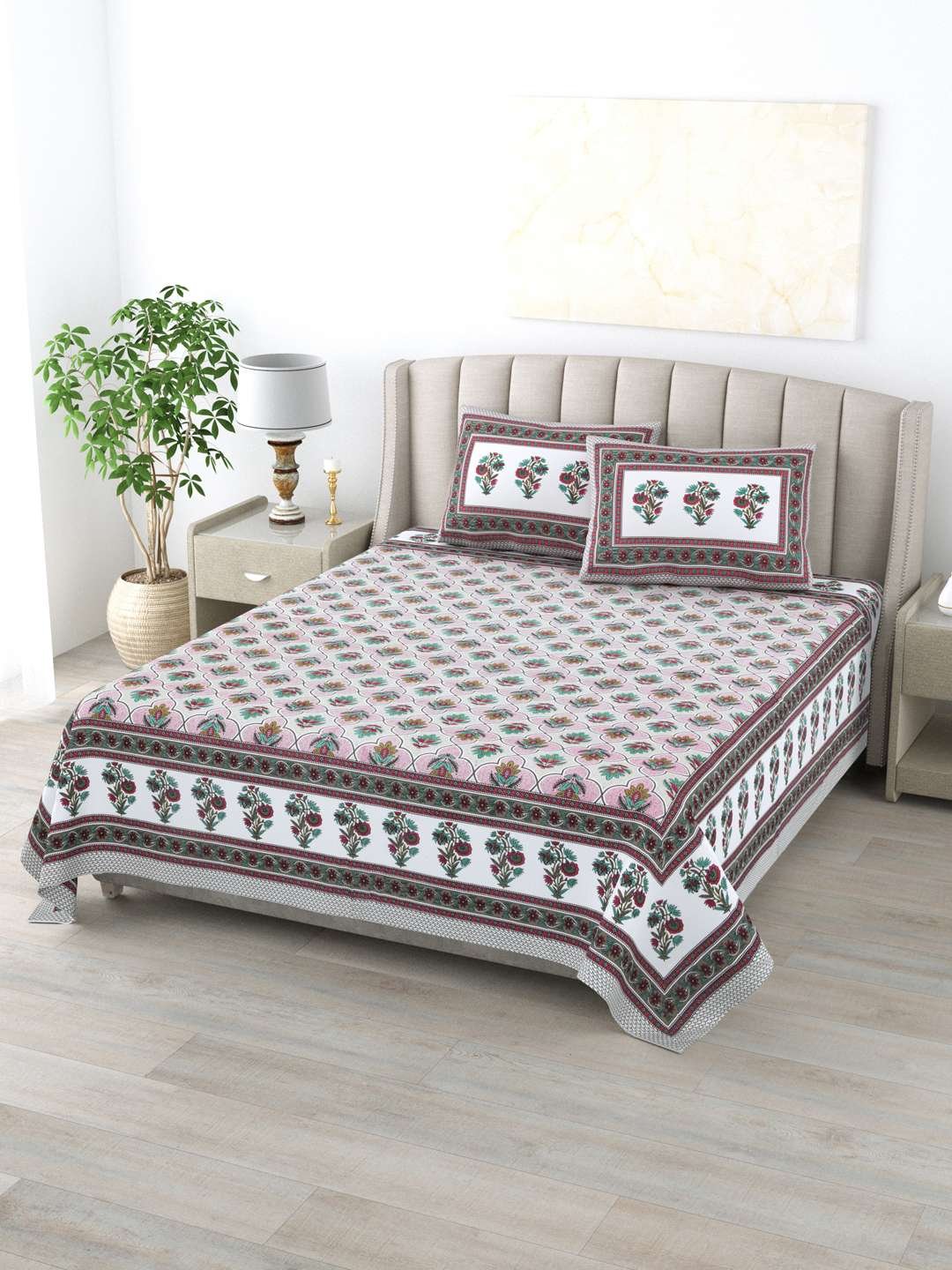 100% Pure Cotton Traditional Printed Bedsheet for Double Bed King Size Bedsheet with 2 Pillow Covers