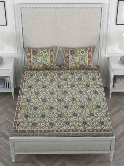 100% Pure Cotton Traditional Printed Bedsheet for Double Bed King Size Bedsheet with 2 Pillow Covers