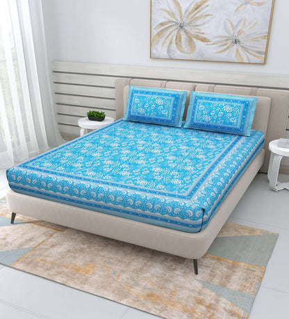100% Pure Cotton Traditional Printed Bedsheet for Double Bed King Size Bedsheet with 2 Pillow Covers