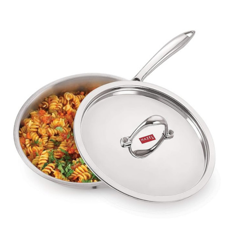 Hazel Triply Stainless Steel Frying Pan Induction Base Bottom Deep Fry Pan with Steel Lid 1.8 Litre 22 cm