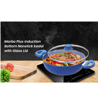 Crystal Marbo Plus Induction Bottom Nonstick kadai | Glass Lid | 250 mm - 1400 gms