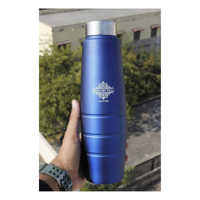 Indian Art Villa Stainless Steel Water Bottle Curve & Lining Design with Steel Cap - 194 gms