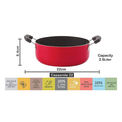 Nirlon Aluminium 3 Layer Nonstick Biryani Pot | Casserole 22 Cm | With Glass Lid | Red | 2.6 Liter