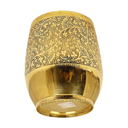 Indian Art Villa Embossed Flower Design Brass Glass Tumbler Cup - 164 gms