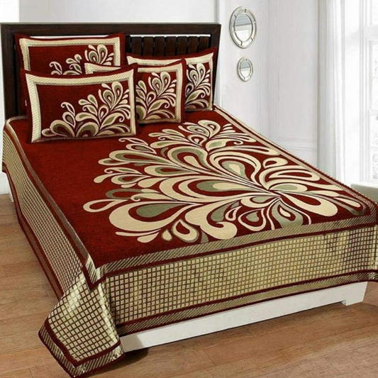 Fresh From Loom Chenille Velvet Floral 500 TC Heavy Bedsheet for Double Bed King Maroon Color with 2 Pillow Covers Rangoli Maroon