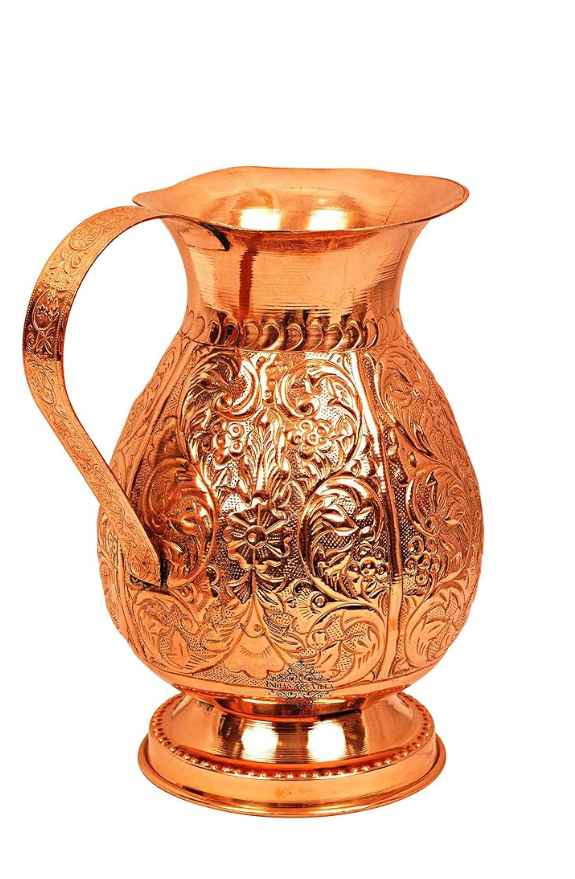 Indian Art Villa 9.0" X 5.0" Pure Copper Leaf Design Jug Pitcher