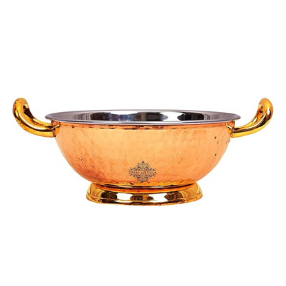 Indian Art Villa Steel Copper Hammered Design Kadhai Wok With Brass Bottom & Handles