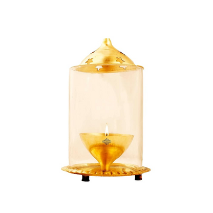 Indian Art Villa Brass Akhand Jyot Diya with Molded Glass and Plate for Diwali Gifts Item - 720 gms
