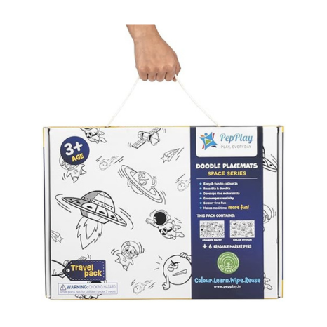 PepPlay Polymer Reusable 2 Coloring Placemats Sheet With 6 Erasable Marker Pens Space Series Theme White